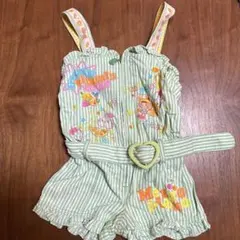 メゾピアノ　キッズ オーバーオール 120緑ストライプ