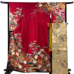 【振袖フルセット】身丈160.5cm 裄丈63cm 御所車 椿 金彩 赤のサムネイル