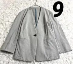 COMME CA ISM ノーカラー七分袖ジャケット　1つボタン　グレー　9号