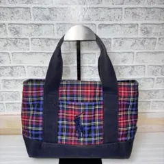 ポロラルフローレン ミニトートバッグ チェック柄 キャンバス 紺 ポニー刺繍