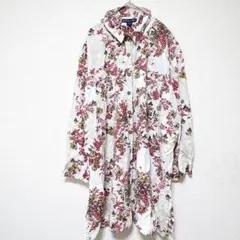 【XL】長袖シャツ チュニック丈 総柄シャツ 羽織り 体型カバー 古着 USED