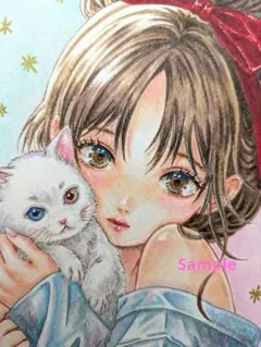 白猫と赤いリボンの女の子♡　オリジナルイラスト　 アナログイラスト　原画