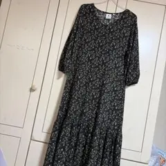 花柄 ロングワンピース 長袖 ブラック