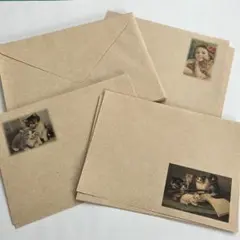 ハンドメイド　アンティーク猫　レターセット　クラフト紙　便箋19枚　封筒7枚