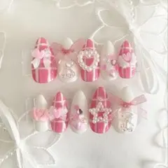 ネイルチップ ピンク×ホワイト×くまちゃん