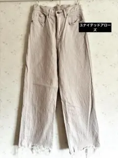 ユナイテッドアローズ　グレーベージュ 切りっぱなしワイドストレートデニムパンツ