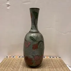 花柄陶器花瓶 青緑色　剥がれ多め