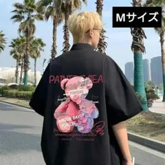 【バックプリント】クマ柄 半袖カジュアルシャツ オーバーサイズ ブラック M