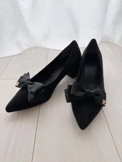 RANDA リボン付きブラックポインテッドトゥヒール