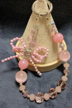 ピンクビーズ リボン付き携帯ストラップ