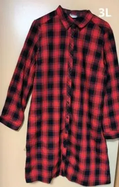大きいサイズ レッド系チェック長袖シャツ　サイズ3L