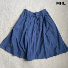 MHL.ボリュームフレアスカート　コットンリネン　ギャザー　ハイウエスト　青　M