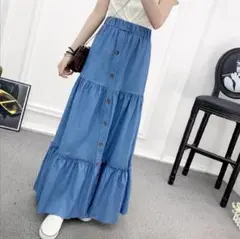 デニム　 スカート　ティアード　大人気　フレア　Aライン　F　ロング　マキシ丈