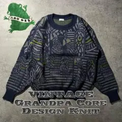 【即日発送・国内古着】グランパコア　個性派　ジャガードニット　紺　L
