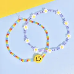 ビーズブレスレット ニコちゃん×お花 クリアレインボー セット 韓国 ソンムル
