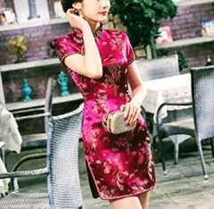 チャイナドレス Ｌ ワインレッド 鳳凰＆龍柄 半袖 ミニ丈【新品 未使用】