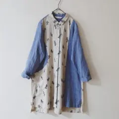 コットンハウスアヤ　綿麻刺繍×リネンシャンブレー　ロングシャツ　チュニック　美品のサムネイル
