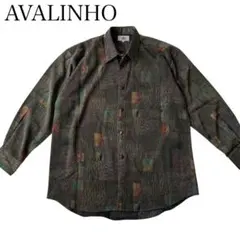 AVALINHO メンズ 長袖シャツ ボタン 幾何学 緑系 茶系 古着 大きめ