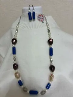 青とパールのネックレス・イヤリングかピアスのセット 3