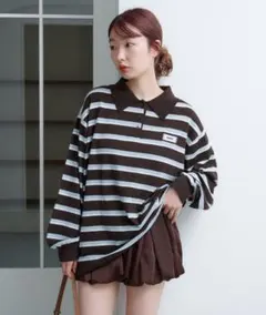 Kastane ボーダーラガーポロニット　ブラウン