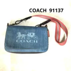 美品COACH コーチ ショルダーバッグ レザー デニム ホースロゴ　ピンク