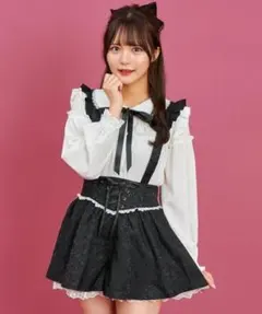 シークレットハニー サスペンダー付　ジャガード　フレア　パンツ　黒　Mのサムネイル