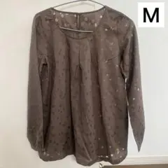 ブラウン ドット柄 長袖　シャツ　チュニック　ブラウス　Ｍ　レディース　シアーのサムネイル