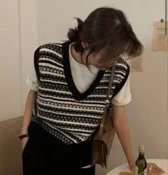 SHEIN ストライプ Vネック ニットベスト