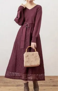 natural couture ニット×レース 2way ドッキングワンピース