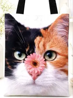 キ*ン様 猫バッグ　大きな三毛猫　花　人気　丈夫な新品トートバッグ　オリジナルデ