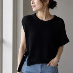 ラッシュドアクティブ 半袖ニット サマーニット 綿100 アシメ チャコールのサムネイル