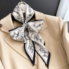 ☆ロングスカーフ　リボンスカーフ バッグスカーフ ヘアアクセ 花柄ホワイト