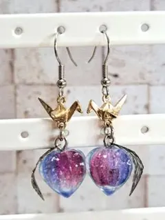 和風　鬼灯（赤紫×藤）折り鶴ピアス　イヤリング（ハンドメイド）