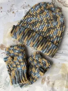 ニット帽　ミックスイエロー②　ハンドウォーマー付き