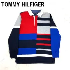 A7654 トミーヒルフィガー 長袖ポロシャツ 綿 ボーダー 紺 赤 XL
