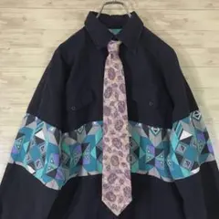 【ネクタイシャツ】アート 幾何学柄 長袖シャツ+イタリア製 ネクタイXL