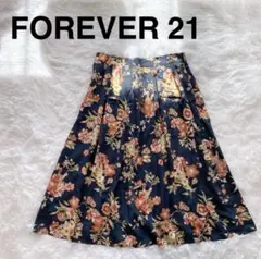 FOREVER 21 花柄 フレアスカート ネイビー 紺色　M サイズ　ひざ丈のサムネイル
