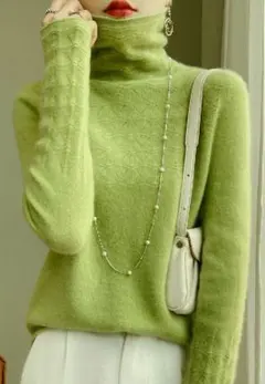 M 柔らかカシミヤ90％襟袖立体編み暖かタートルネックニット♪アップルグリーンM