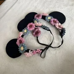 ミッキー型耳付き花柄カチューシャ　2つセット