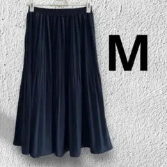 ネイビー プリーツフレアースカート ひざ丈　M ウエストゴム　春物