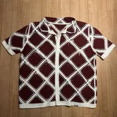 編み込みシャツ　メッシュシャツ　総柄　柄　クラッシャー　クロシェ　レトロ　古着