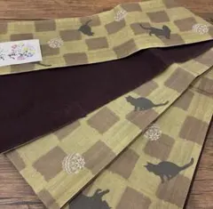 ☆日本製☆時尚的絹製半幅帶☆百貨公司販售品☆貓與市松紋☆43780日圓☆絣綠茶☆