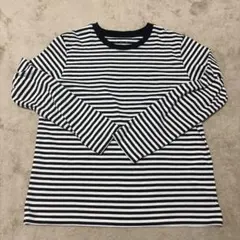 美品無印良品 天竺編みクルーネック長袖Ｔシャツ　グレーボーダートップスL