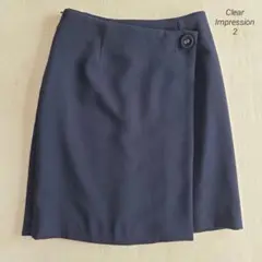 美品✨Clear Impression 膝丈スカート 2 M ネイビー ラップ風のサムネイル