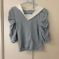 NICE CLAUP ボーダー セーラーカラーTシャツ 水色