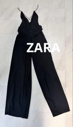 ZARA 黒 クロスストラップオールインワン パーティー ブラック ザラ ワイド