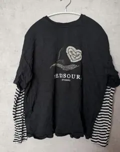 ハートストーン装飾Tシャツ　重ね着風　ボーダー