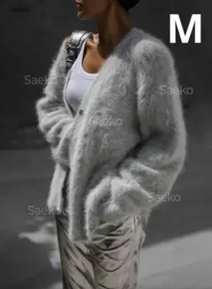 M■ライトグレー■モヘアニット カーディガン■ロングスリーブ■セーター