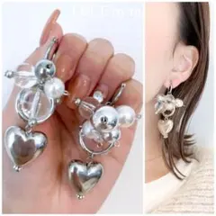 1097 小ぶりフープピアス シルバー クリア パール バブルボール ハート