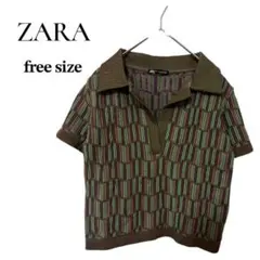 ZARA シームレス ジャカード ニット ポロシャツ ミニ丈 ショート丈